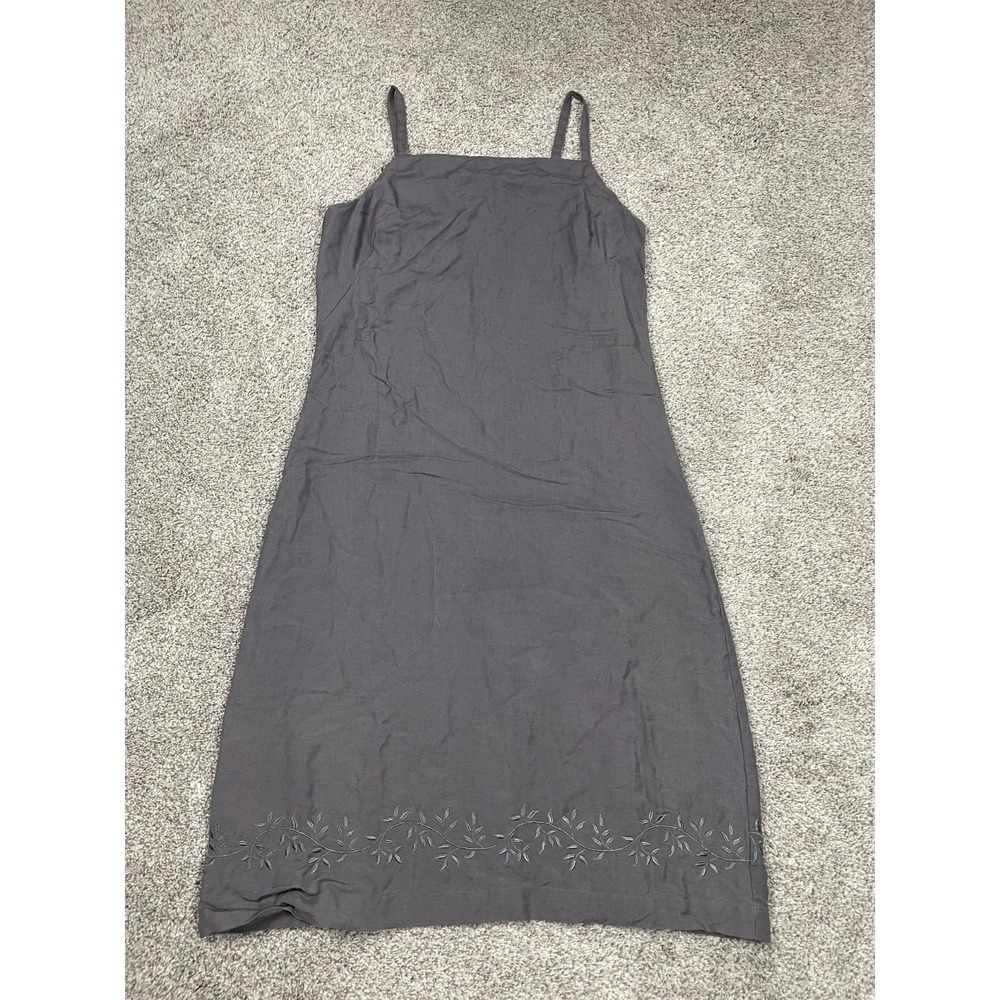 Vintage Merona Dress Womens 8 Taupe Gray Linen Embroidered Floral Lagenlook Boho